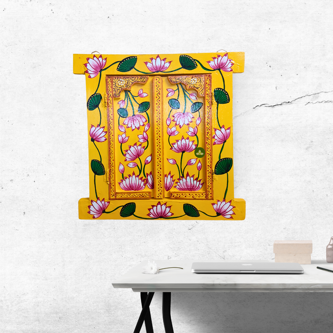 Hand Painted Pichwai Art Wooden Yellow Color Jharokha With Door