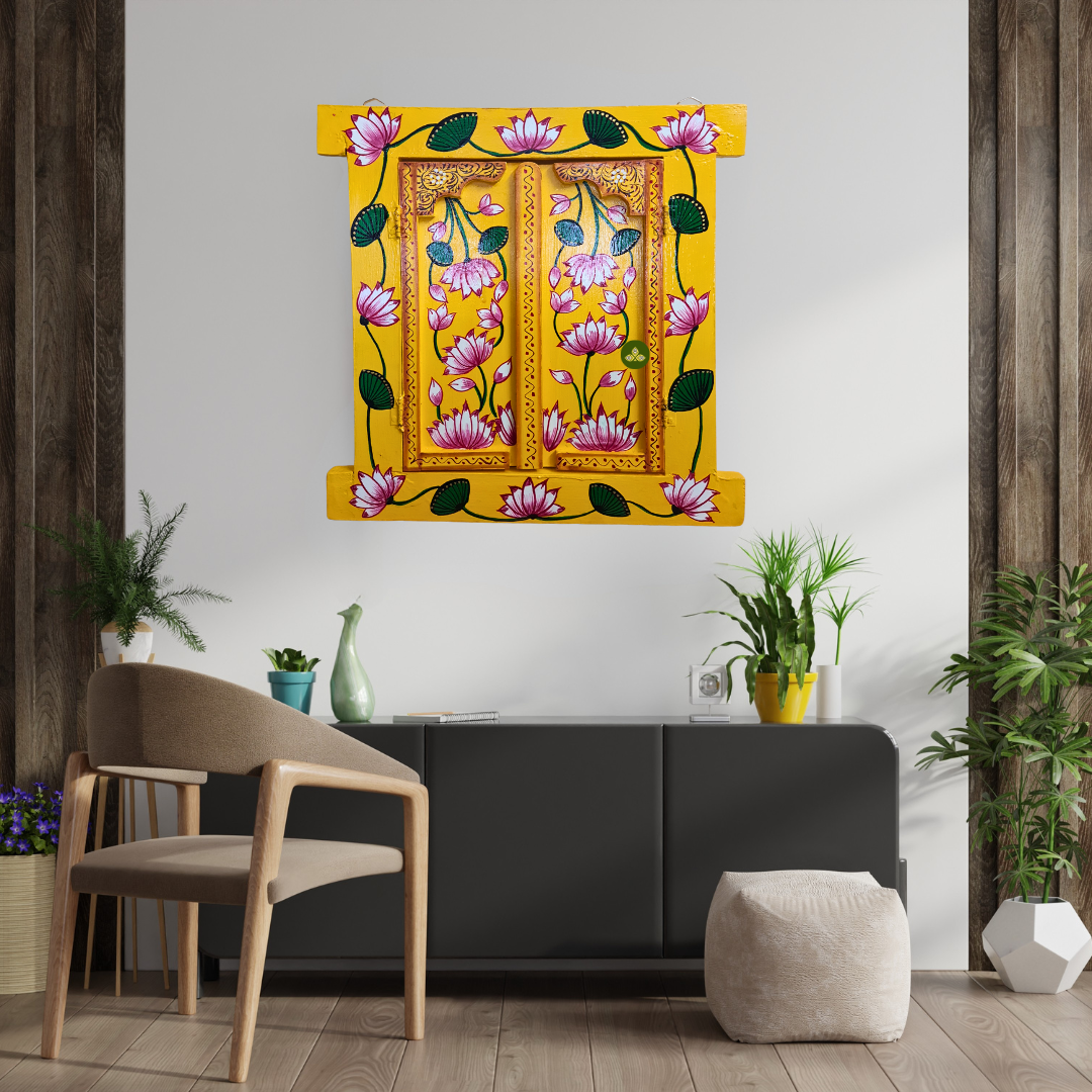 Hand Painted Pichwai Art Wooden Yellow Color Jharokha With Door