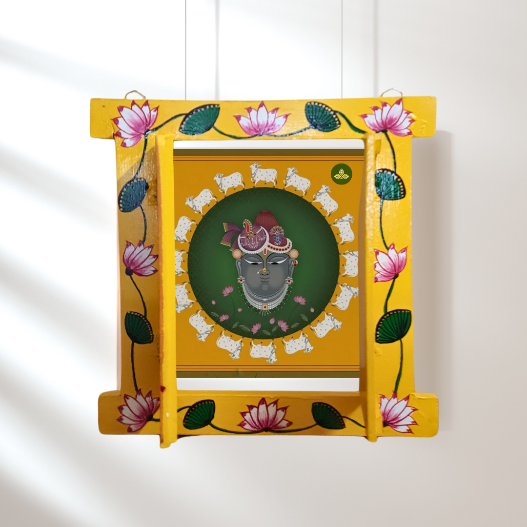Hand Painted Pichwai Art Wooden Yellow Color Jharokha With Door