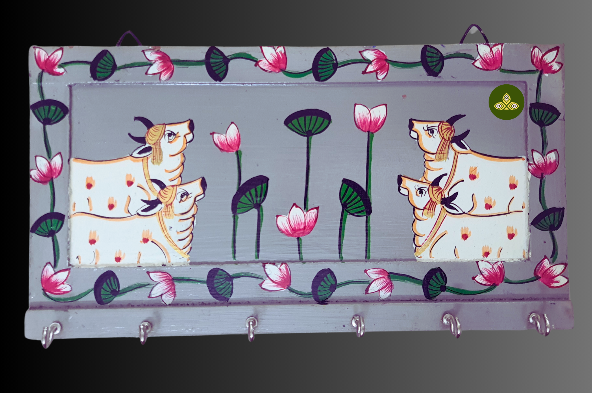 Hand Painted Four Cow Pichwai Art Wooden Grey Color Key Holder