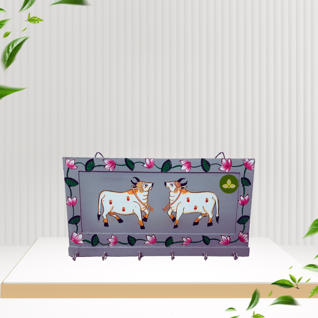 Hand Painted Two Cow Pichwai Art Wooden Grey Color Key Holder