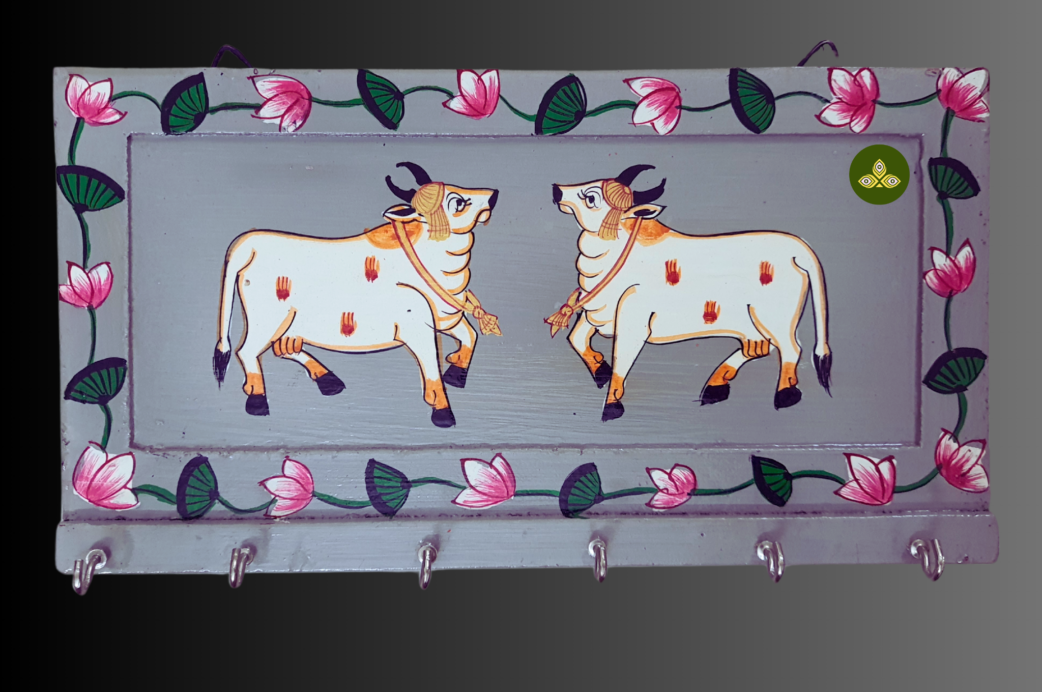 Hand Painted Two Cow Pichwai Art Wooden Grey Color Key Holder