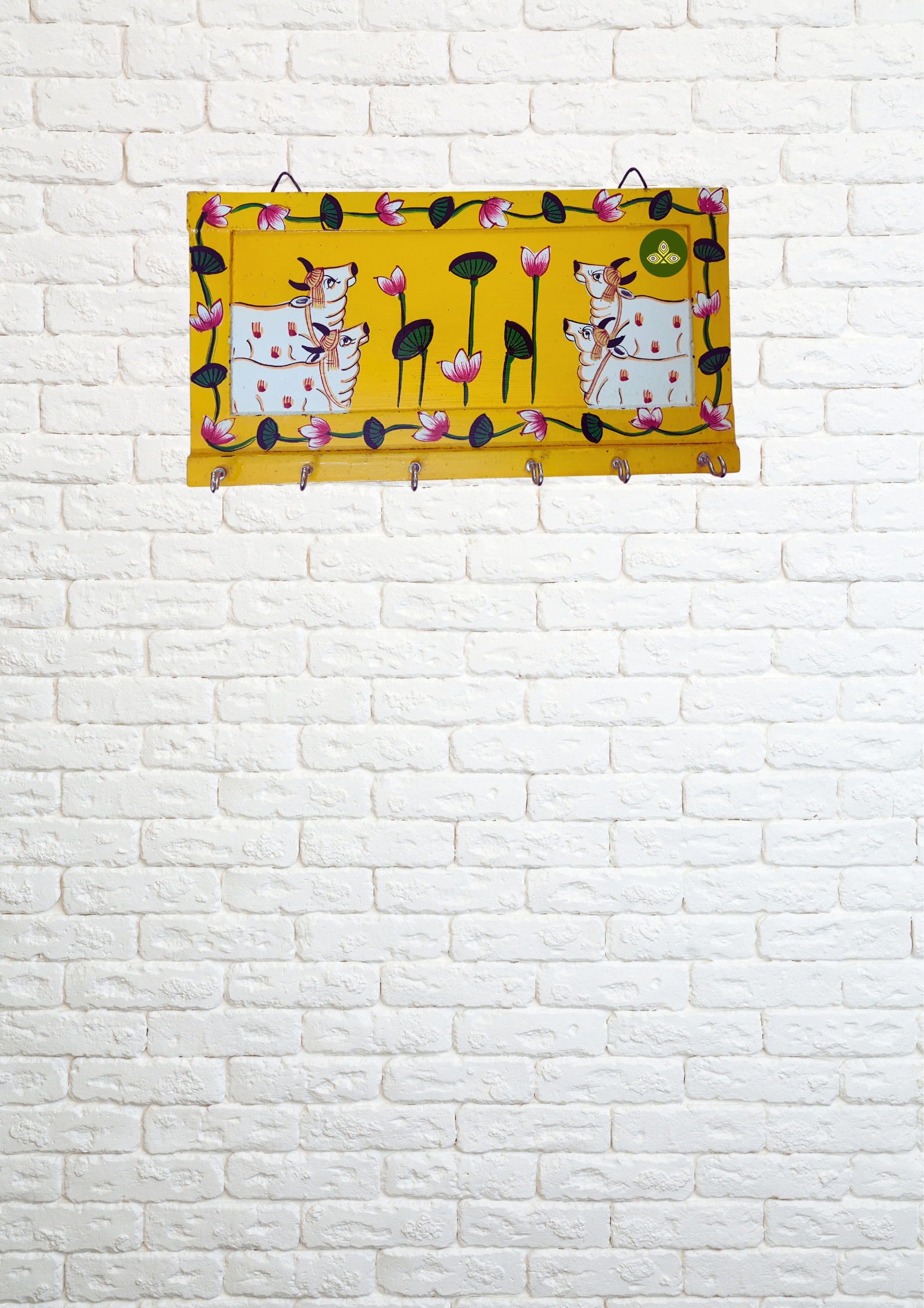 Hand Painted Four Cow Pichwai Art Wooden Yellow Color Key Holder