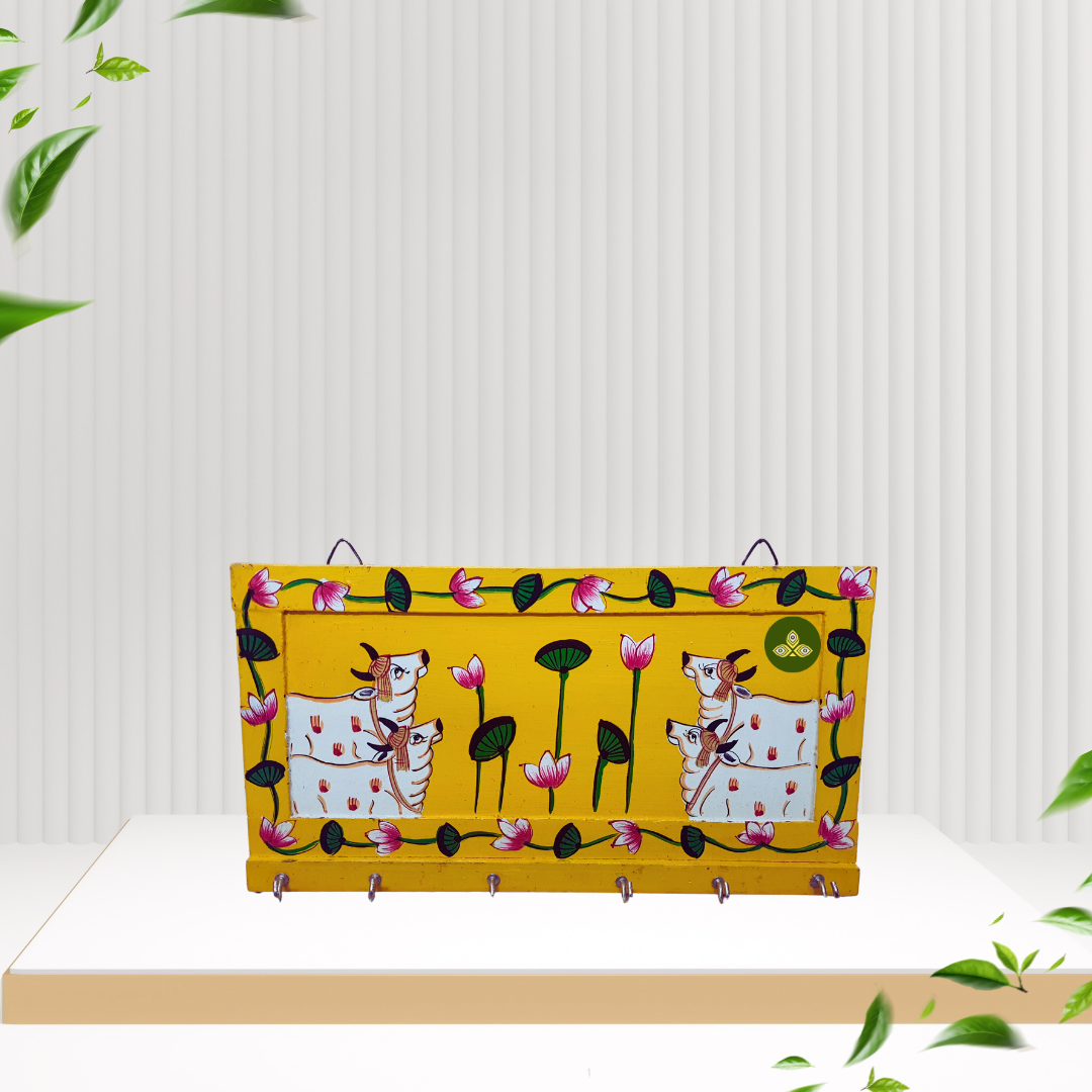 Hand Painted Four Cow Pichwai Art Wooden Yellow Color Key Holder