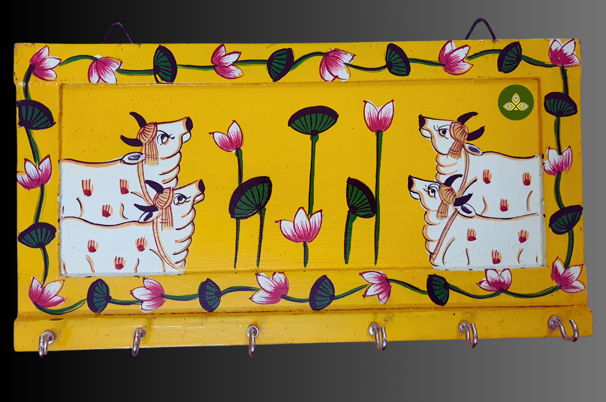 Hand Painted Four Cow Pichwai Art Wooden Yellow Color Key Holder