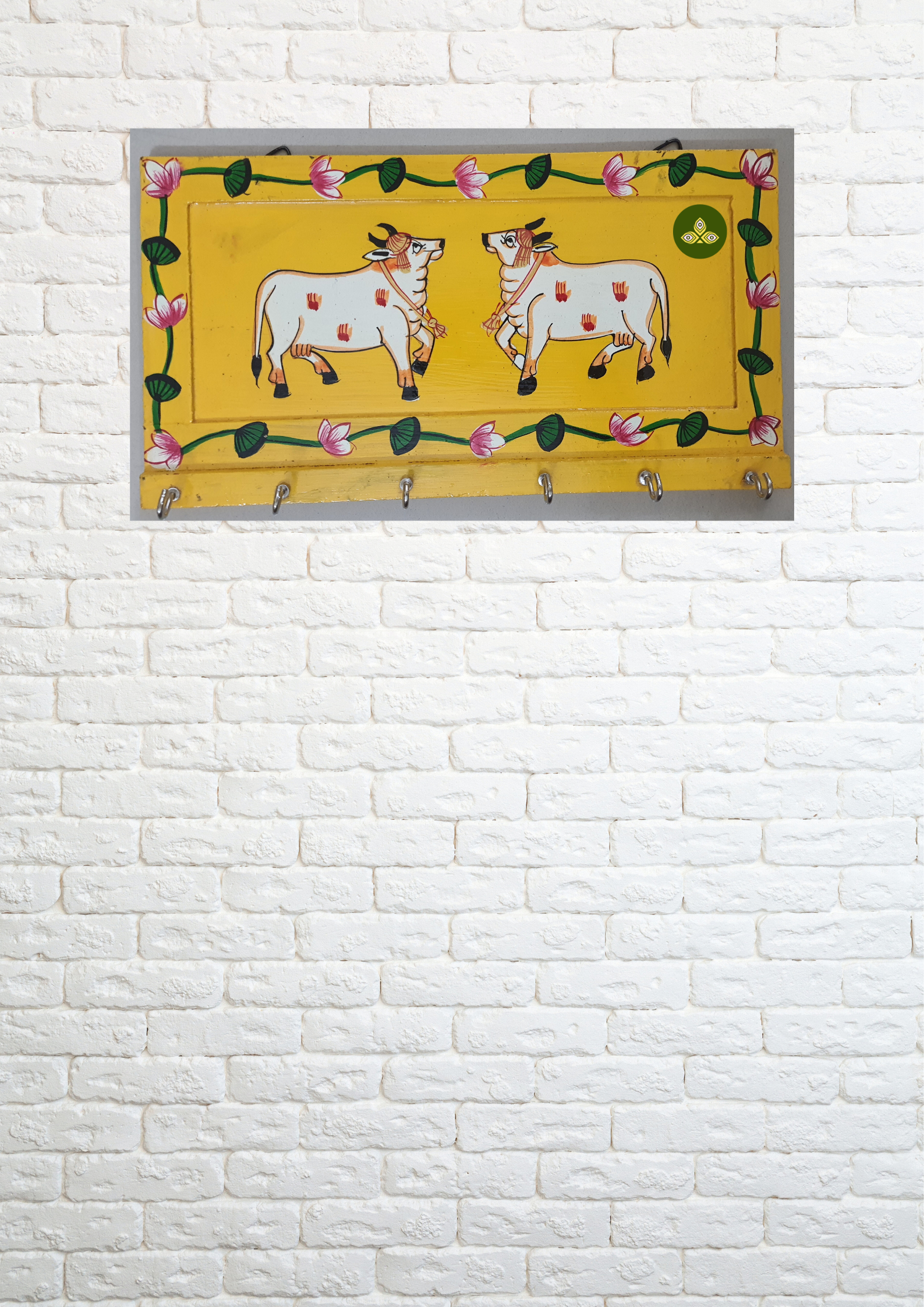 Hand Painted Two Cow Pichwai Art Wooden Yellow Color Key Holder