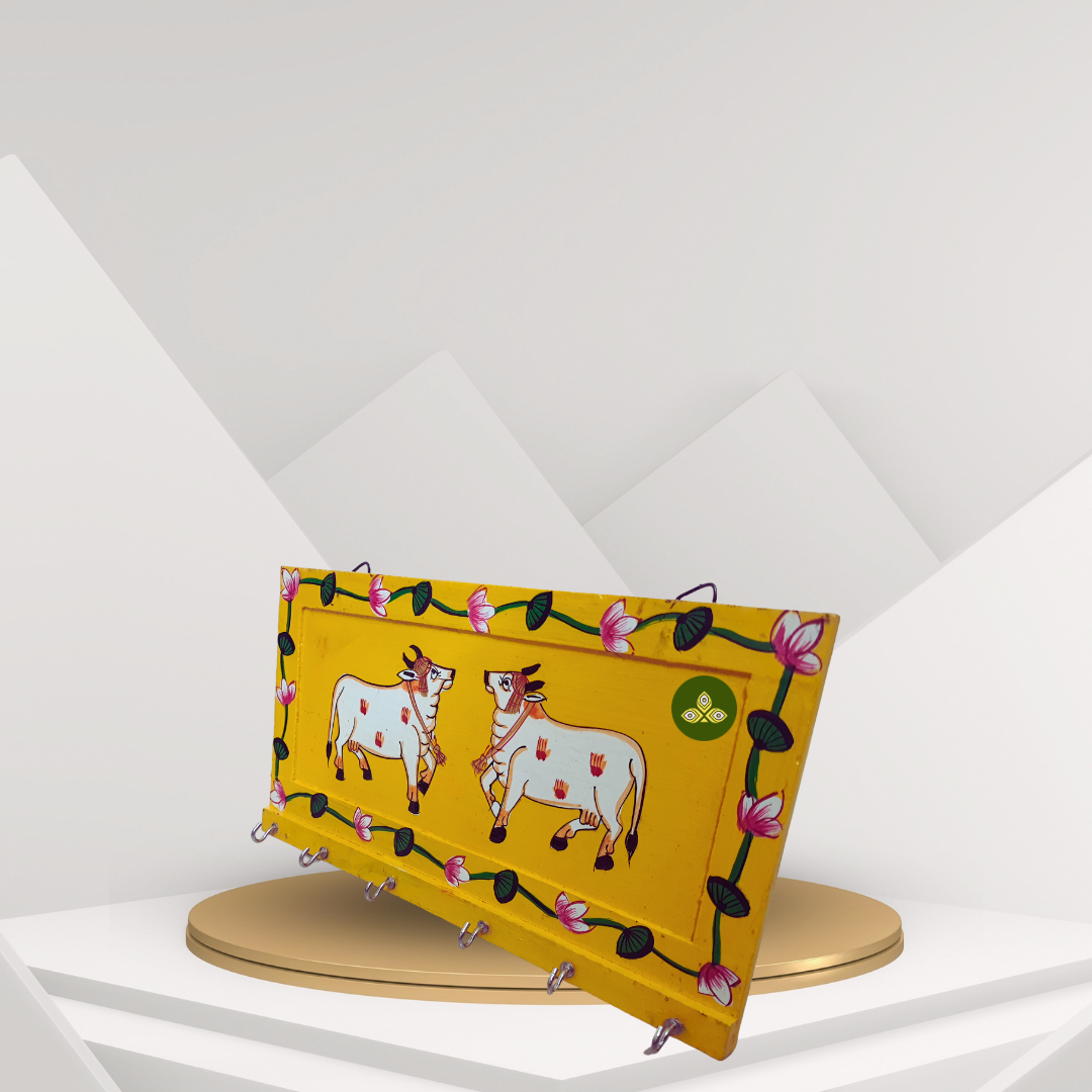 Hand Painted Two Cow Pichwai Art Wooden Yellow Color Key Holder