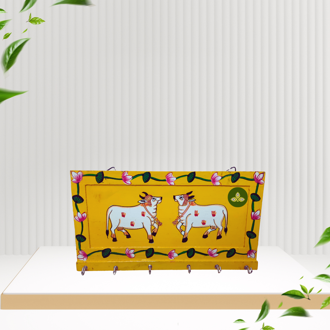 Hand Painted Two Cow Pichwai Art Wooden Yellow Color Key Holder
