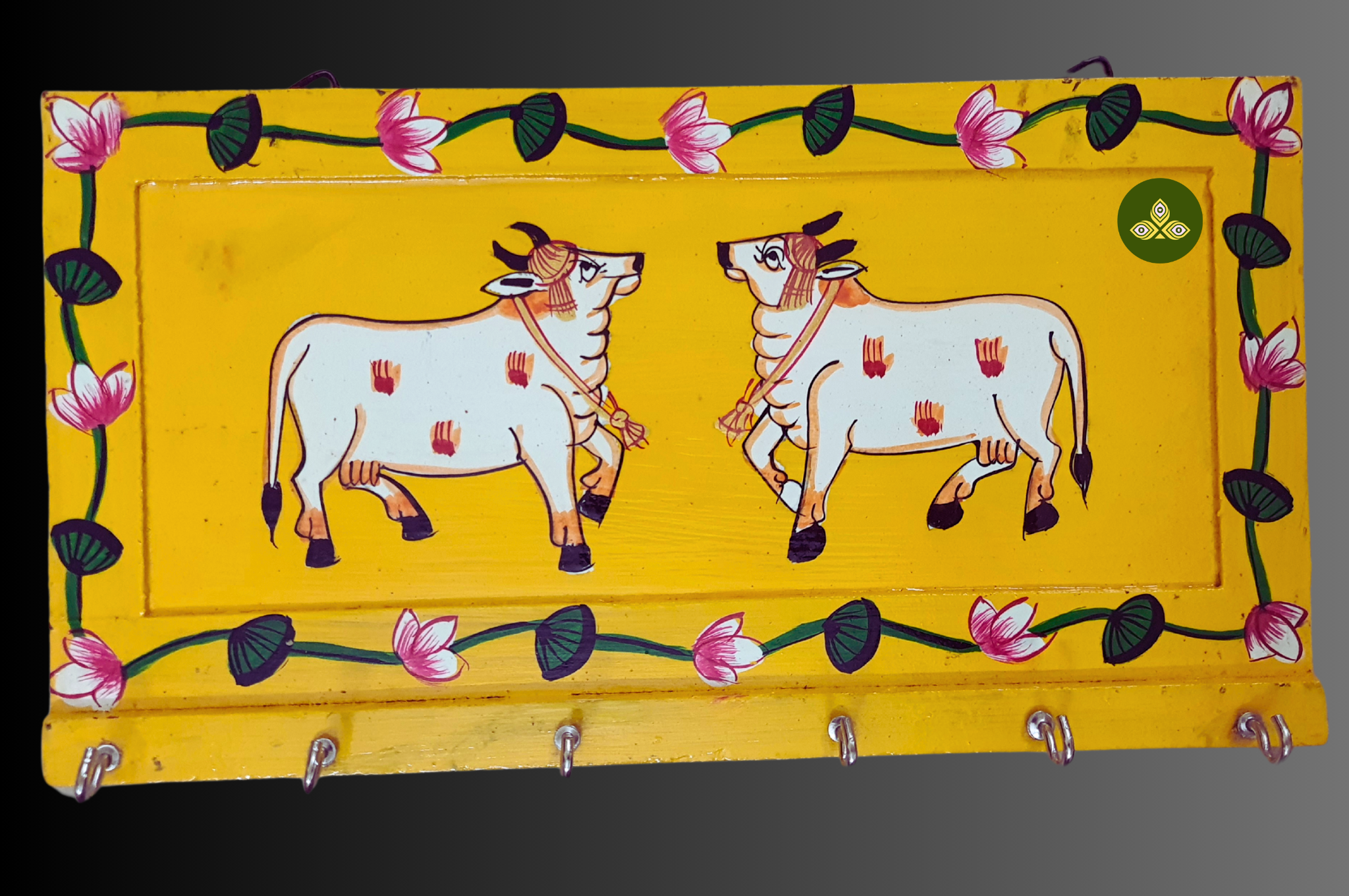 Hand Painted Two Cow Pichwai Art Wooden Yellow Color Key Holder