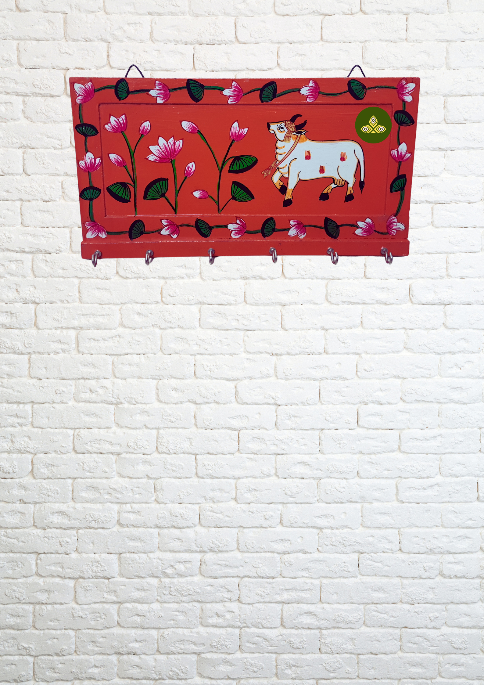 Hand Painted Single Cow Pichwai Art Wooden Orange Color Key Holder