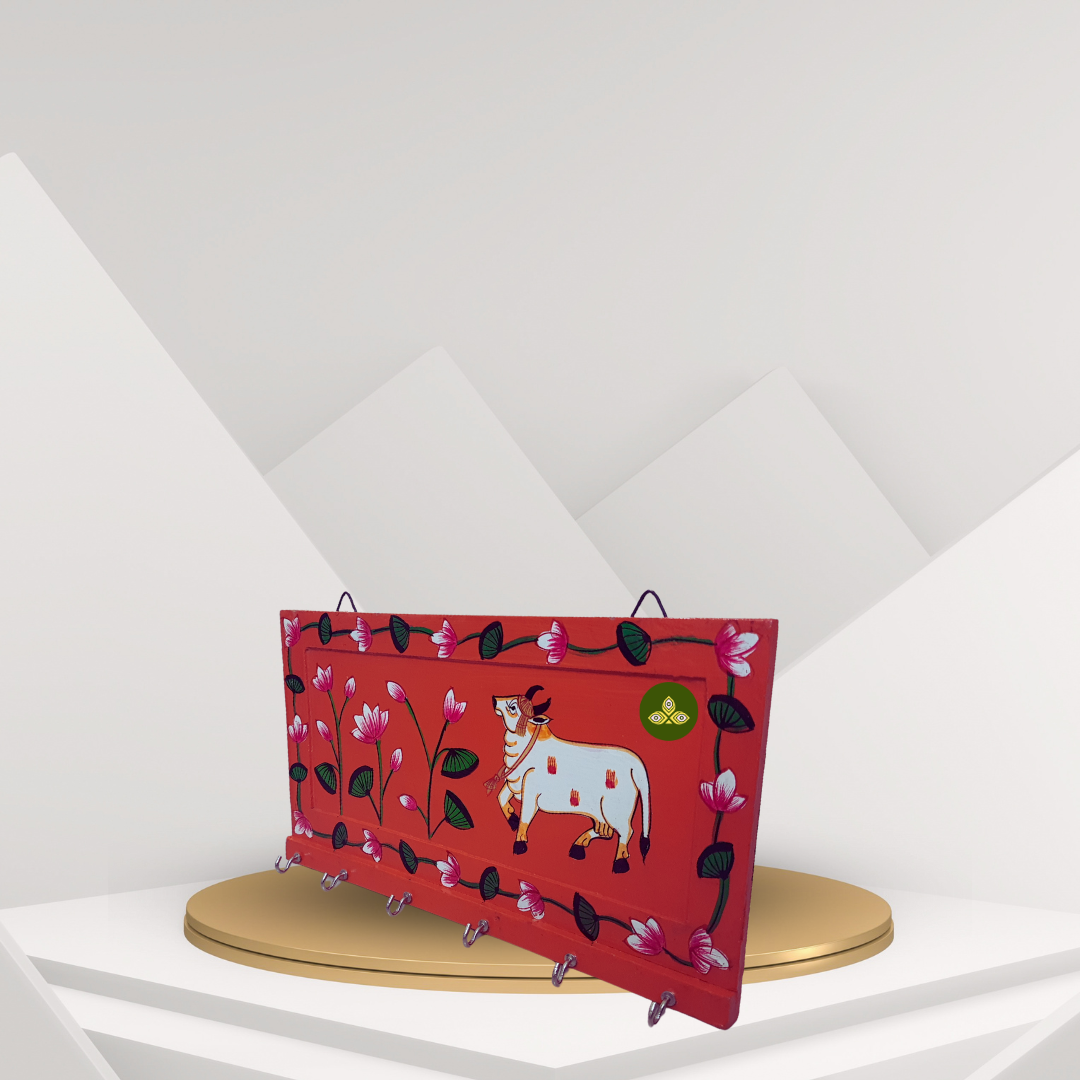 Hand Painted Single Cow Pichwai Art Wooden Orange Color Key Holder