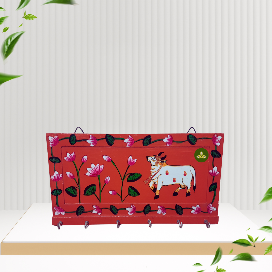Hand Painted Single Cow Pichwai Art Wooden Orange Color Key Holder