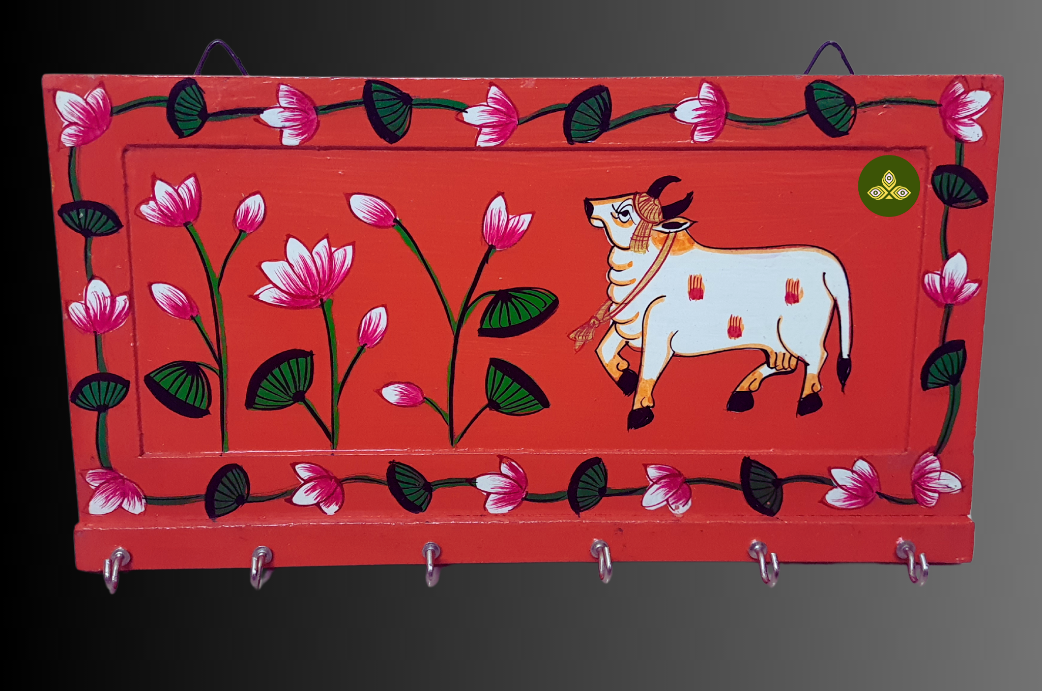 Hand Painted Single Cow Pichwai Art Wooden Orange Color Key Holder