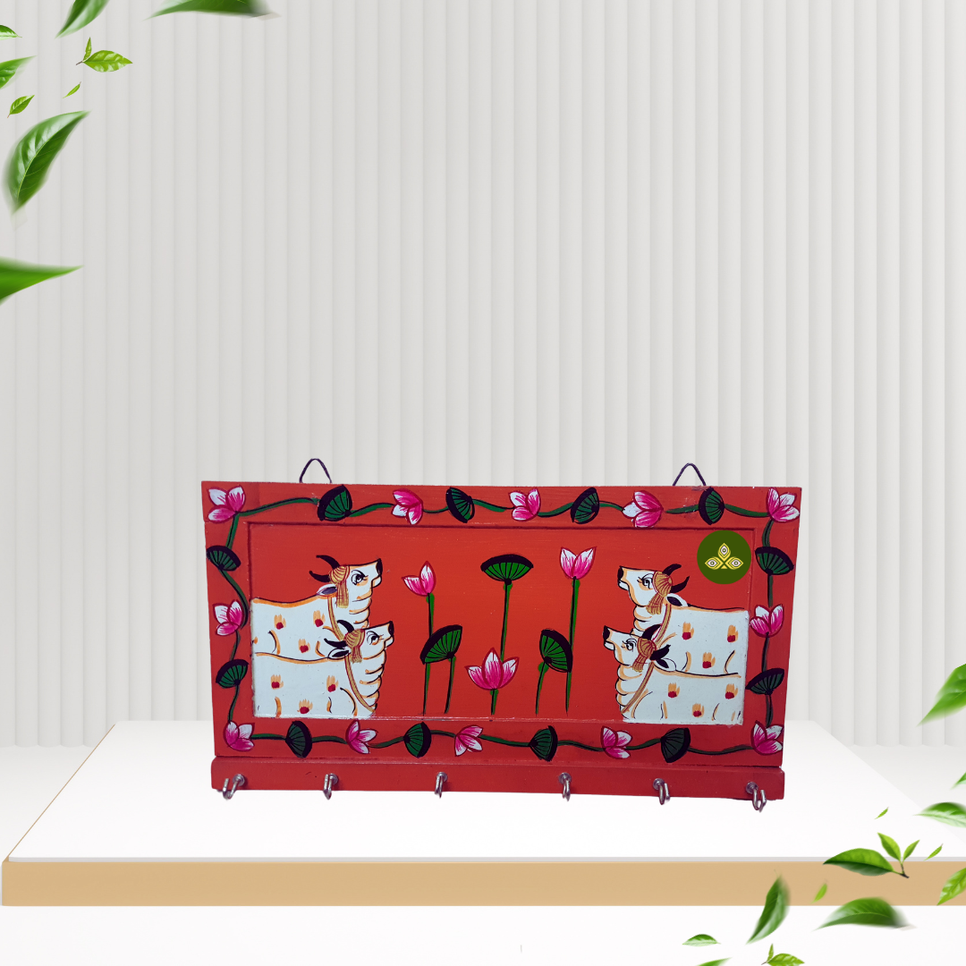 Hand Painted Four Cow Pichwai Art Wooden Orange Color Key Holder