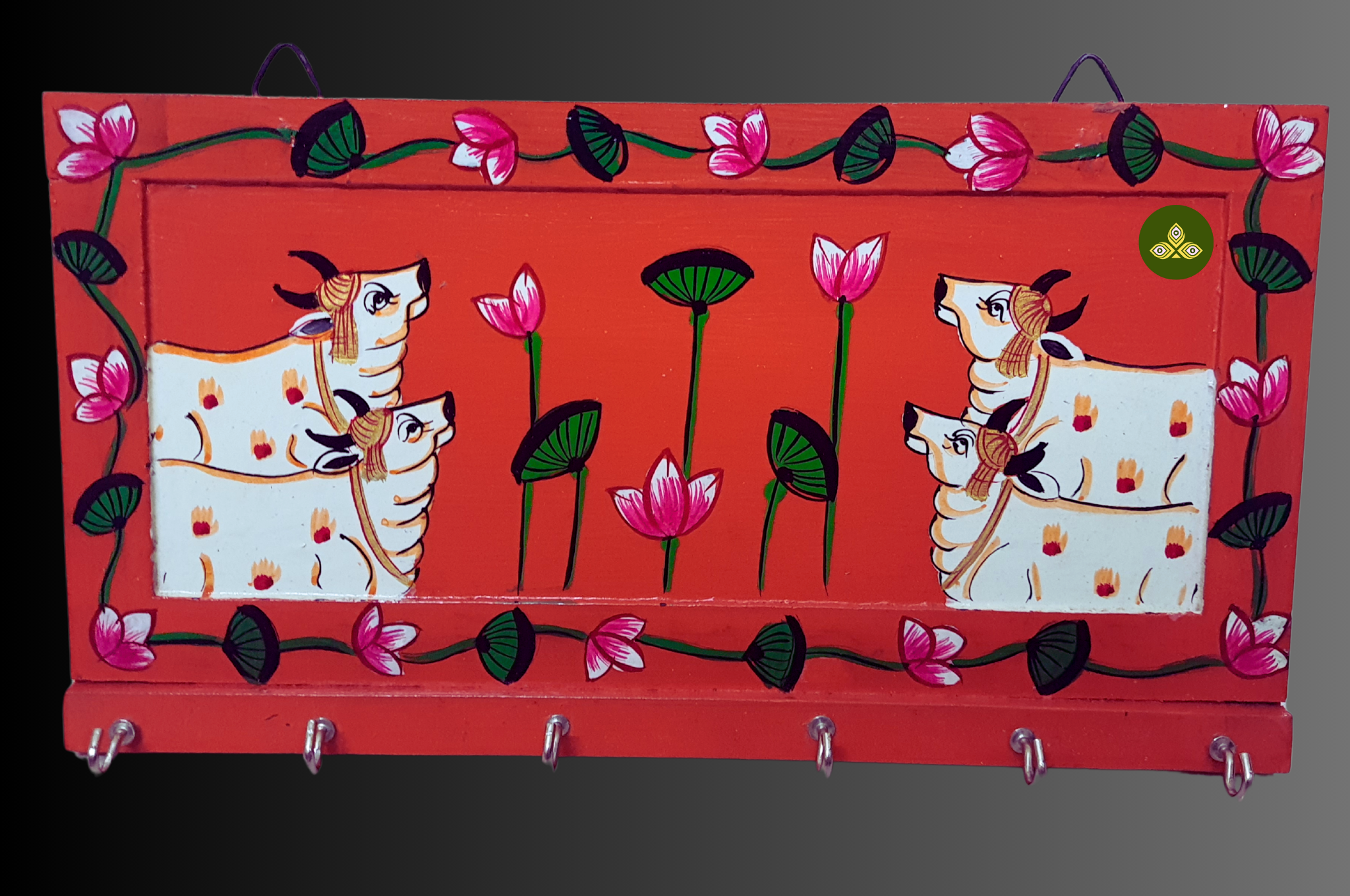 Hand Painted Four Cow Pichwai Art Wooden Orange Color Key Holder