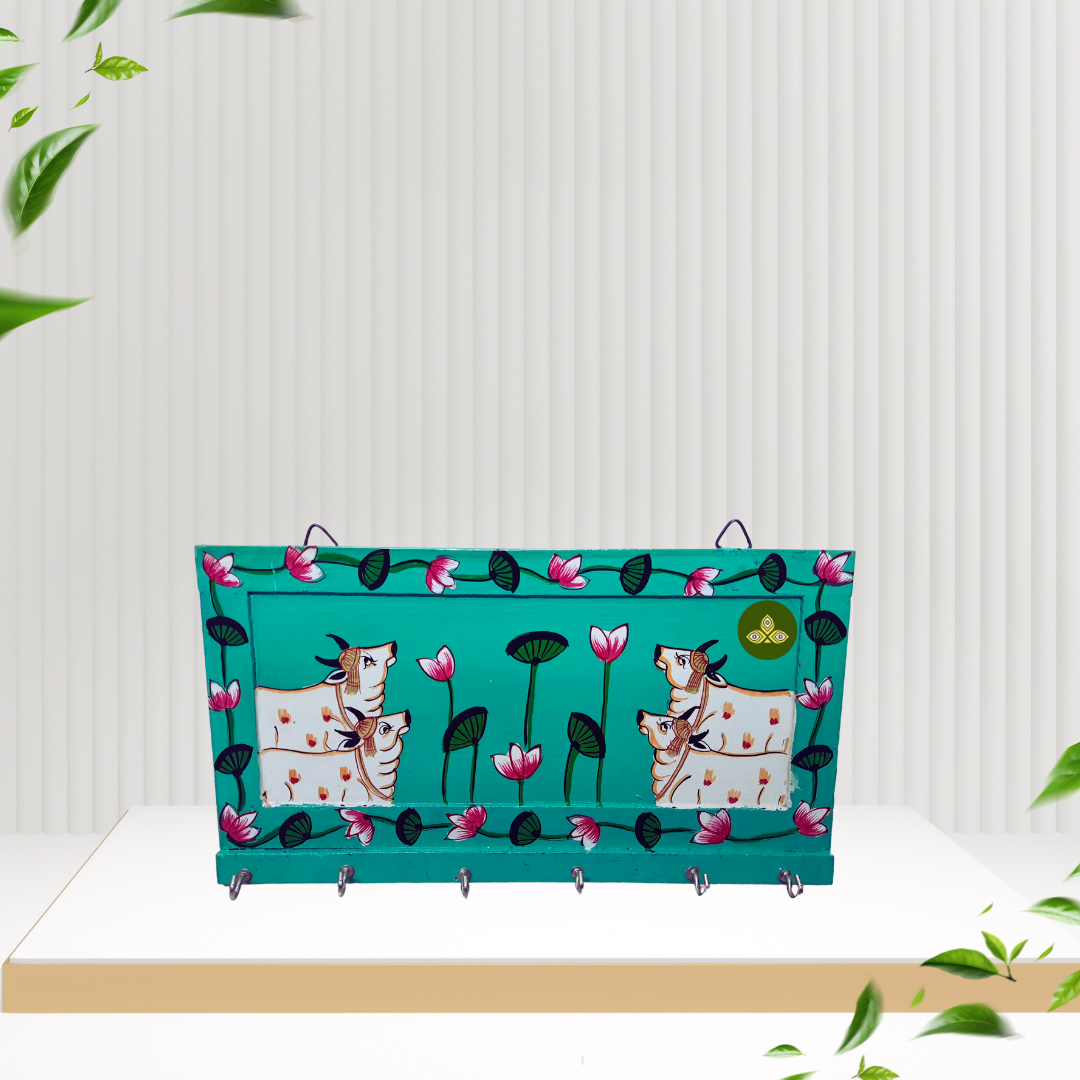 Hand Painted Four Cow Pichwai Art Wooden Green Color Key Holder