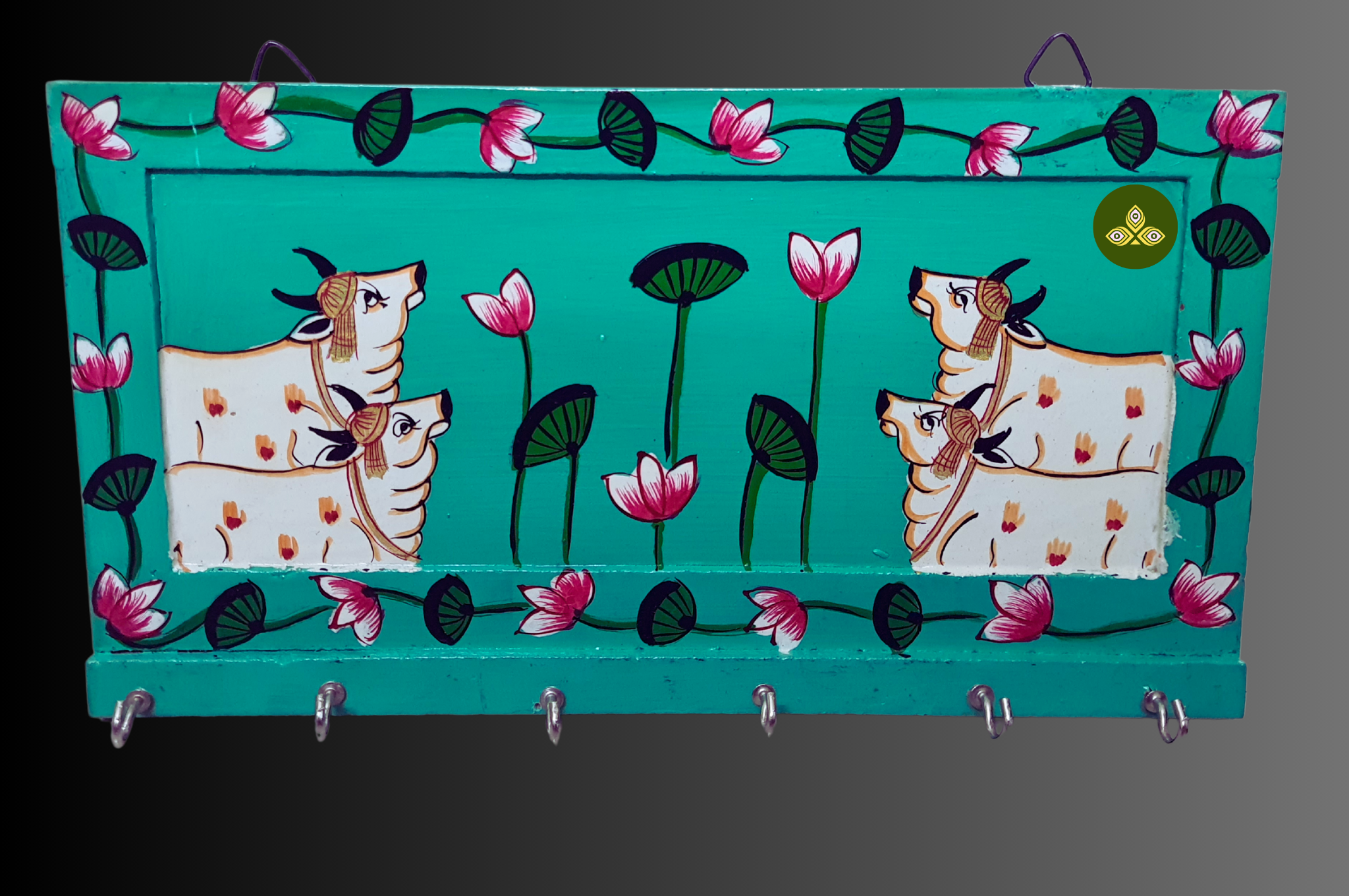 Hand Painted Four Cow Pichwai Art Wooden Green Color Key Holder