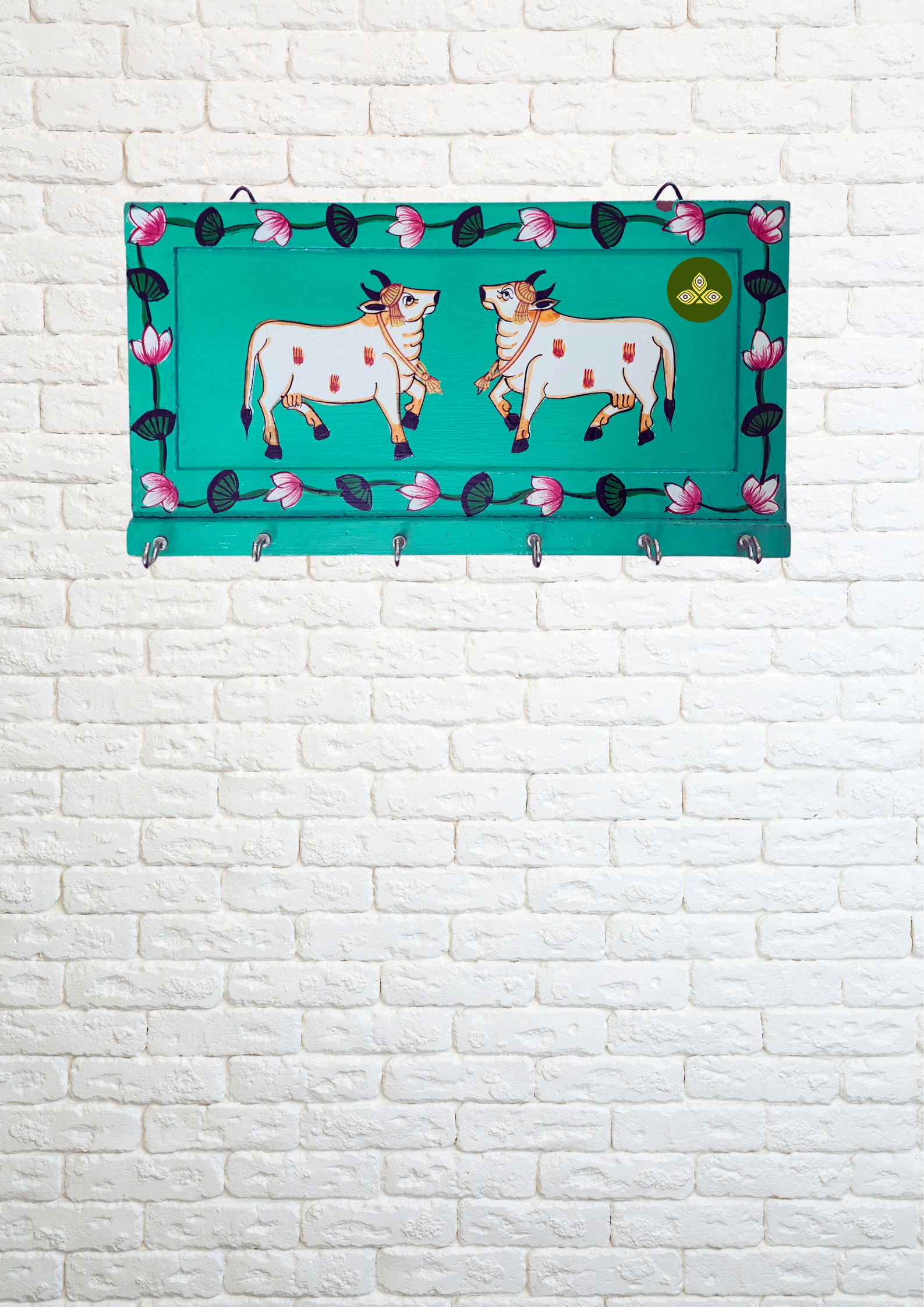 Hand Painted Two Cow Pichwai Art Wooden Green Color Key Holder