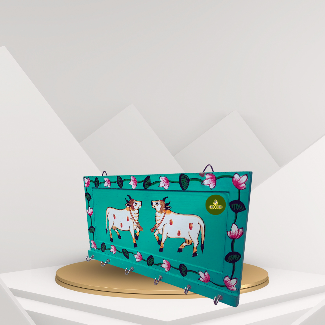 Hand Painted Two Cow Pichwai Art Wooden Green Color Key Holder