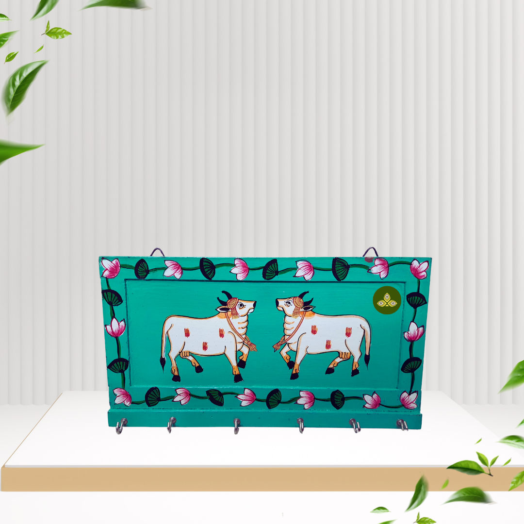 Hand Painted Two Cow Pichwai Art Wooden Green Color Key Holder