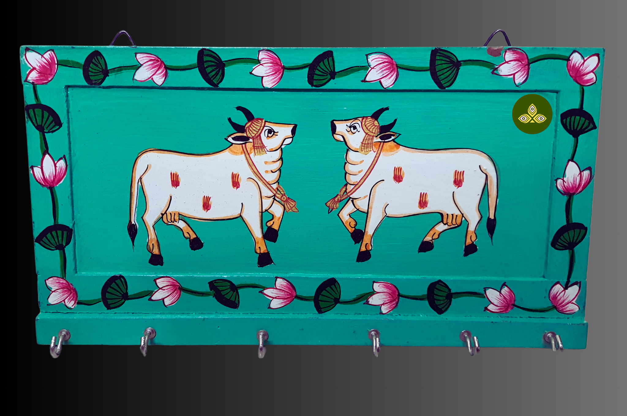 Hand Painted Two Cow Pichwai Art Wooden Green Color Key Holder