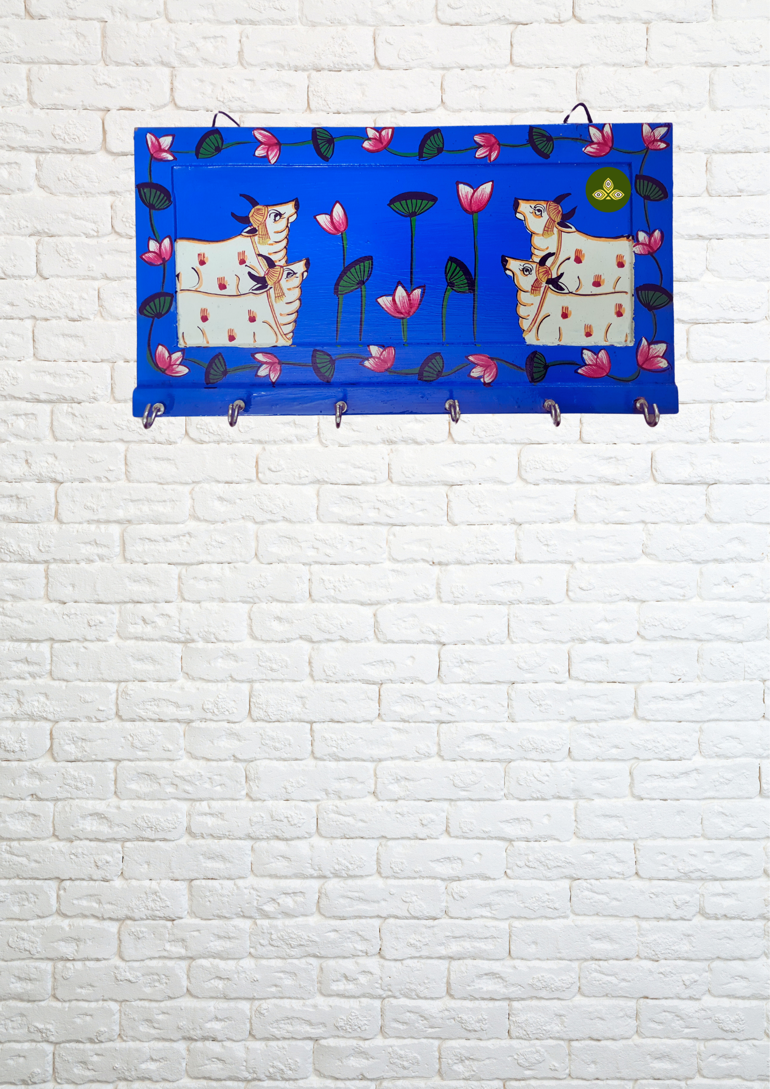 Hand Painted Four Cow Pichwai Art Wooden Blue Color Key Holder