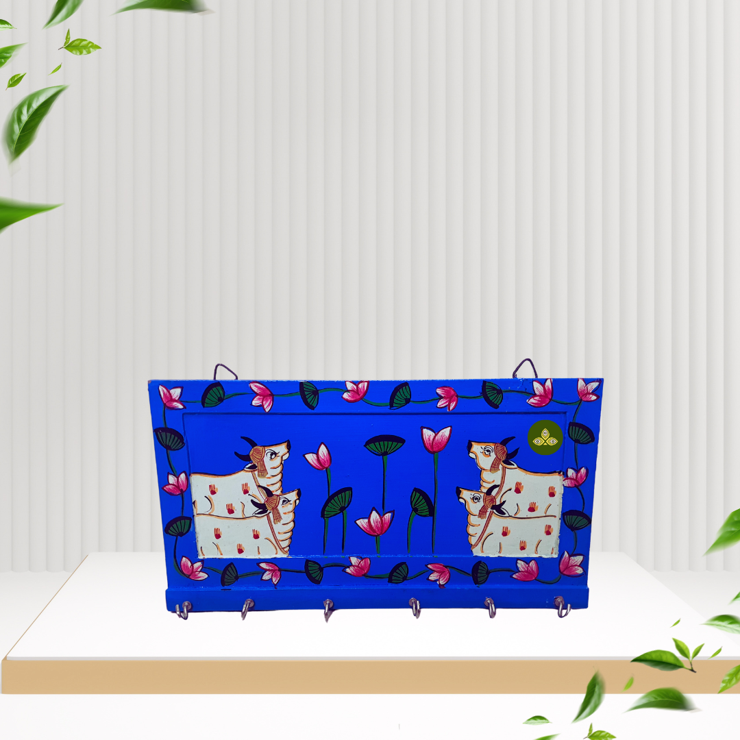 Hand Painted Four Cow Pichwai Art Wooden Blue Color Key Holder