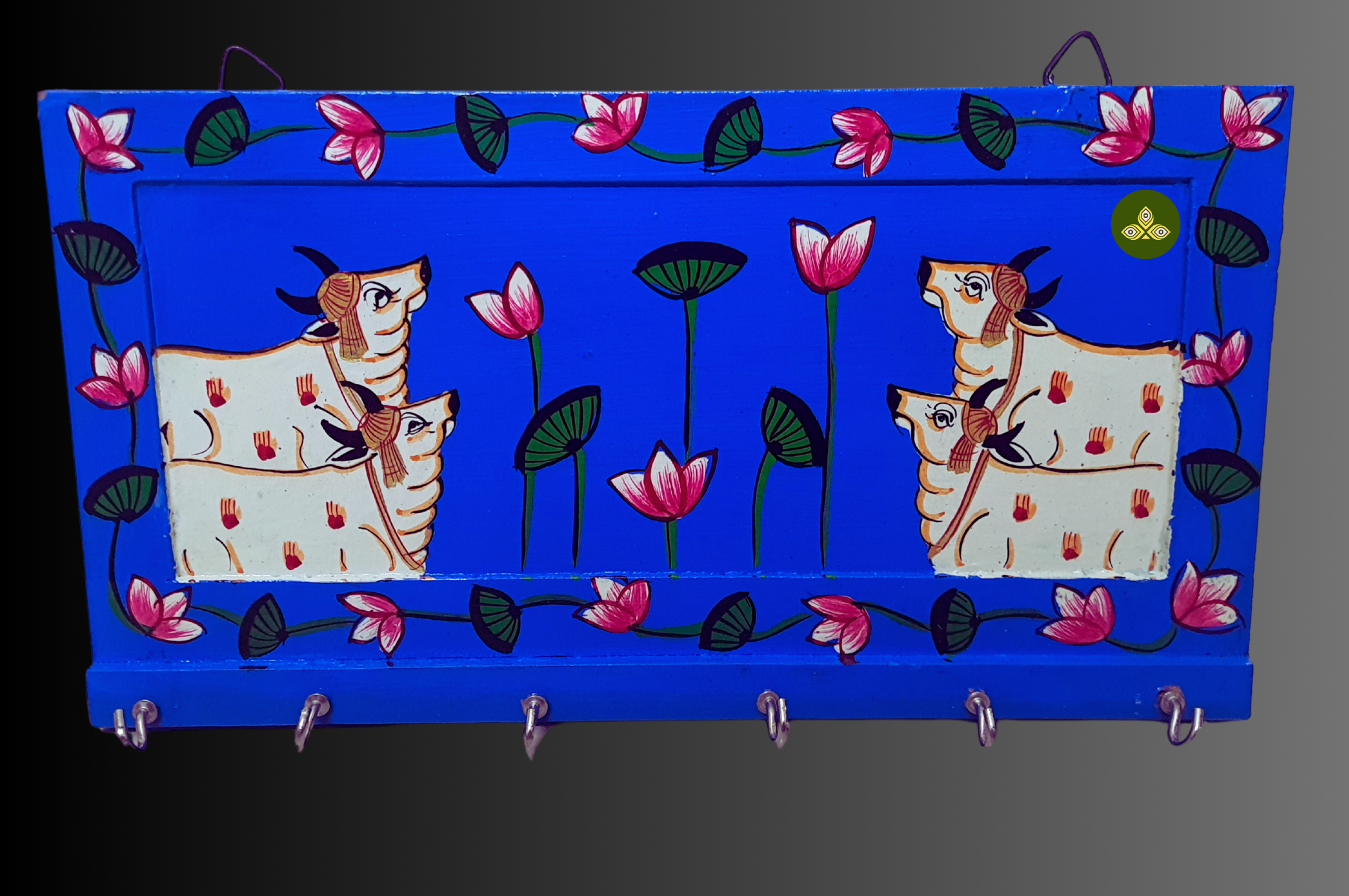 Hand Painted Four Cow Pichwai Art Wooden Blue Color Key Holder