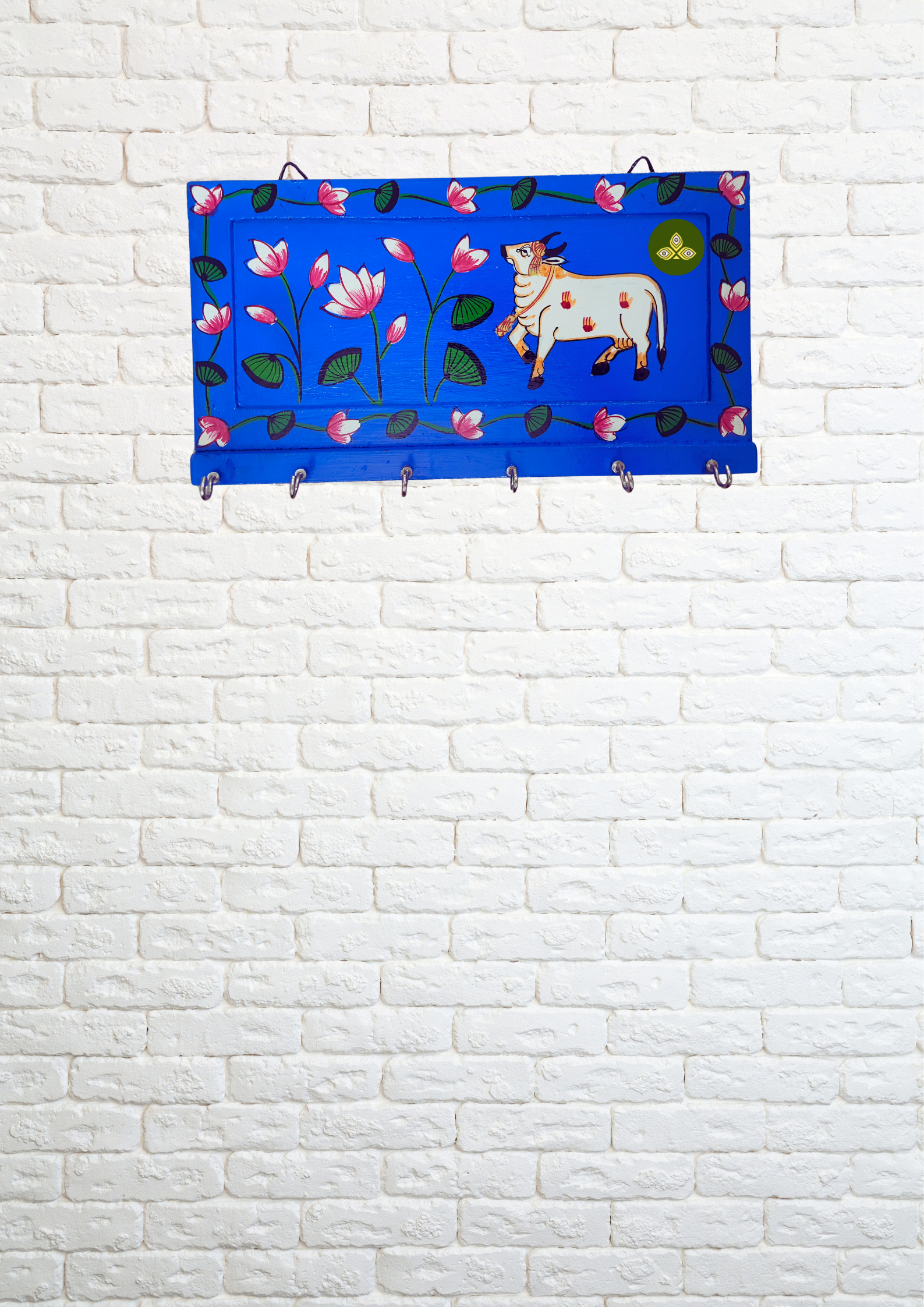 Hand Painted Single Cow Pichwai Art Wooden Blue Color Key Holder