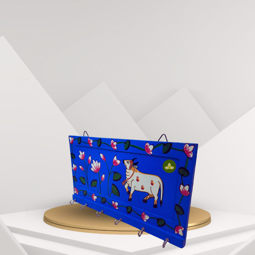 Hand Painted Single Cow Pichwai Art Wooden Blue Color Key Holder