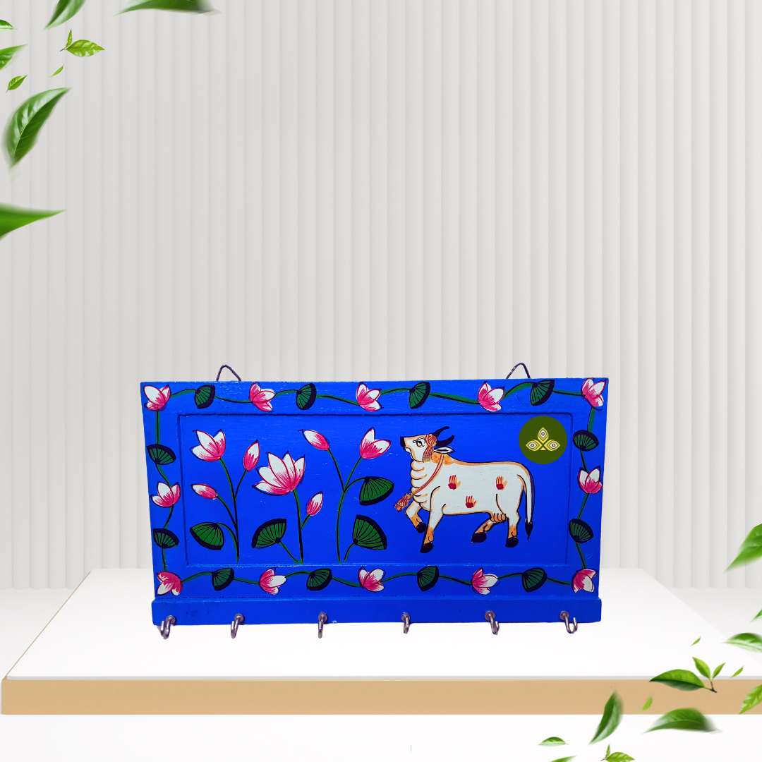 Hand Painted Single Cow Pichwai Art Wooden Blue Color Key Holder