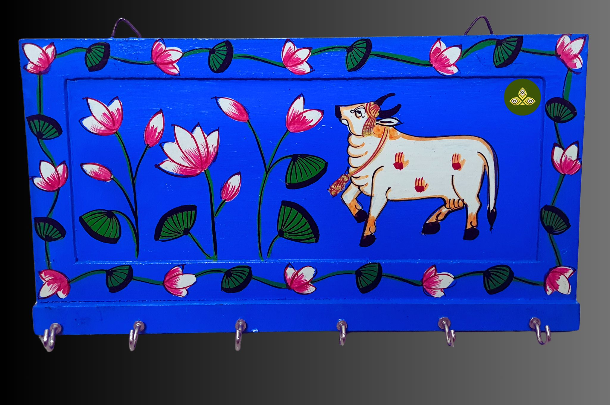 Hand Painted Single Cow Pichwai Art Wooden Blue Color Key Holder