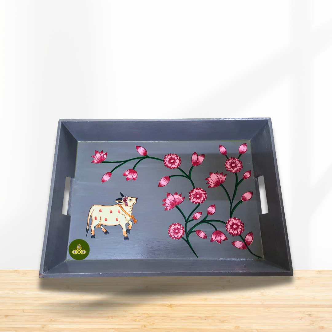Hand Painted Pichwai Art Wooden Grey Color Tray