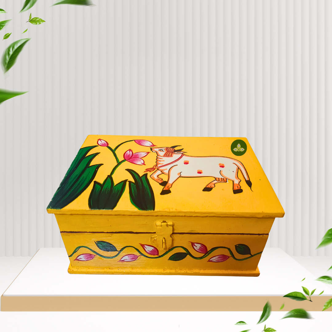 Hand Painted Single Cow Lotus Pichwai Art Wooden Yellow Color Storage Box