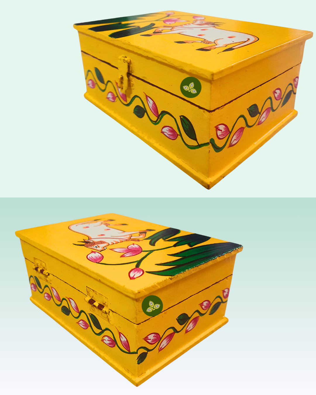 Hand Painted Single Cow Lotus Pichwai Art Wooden Yellow Color Storage Box