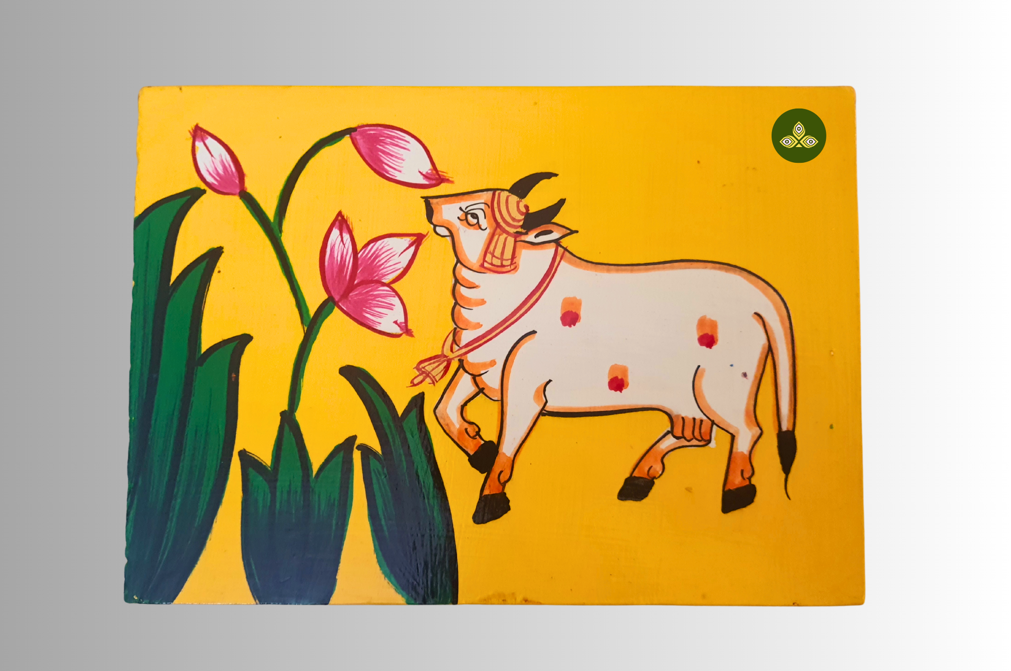 Hand Painted Single Cow Lotus Pichwai Art Wooden Yellow Color Storage Box