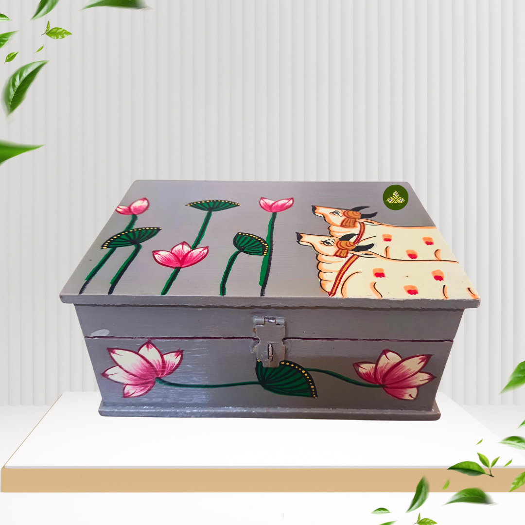Hand Painted Two Cow Lotus Pichwai Art Wooden Grey Color Storage Box