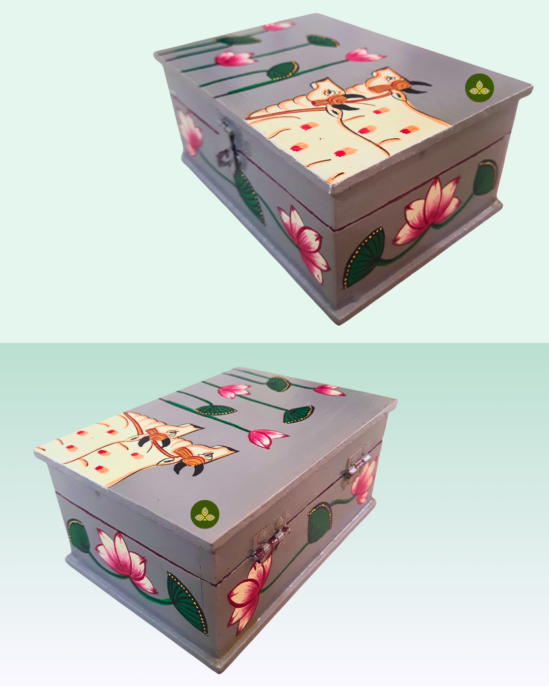 Hand Painted Two Cow Lotus Pichwai Art Wooden Grey Color Storage Box