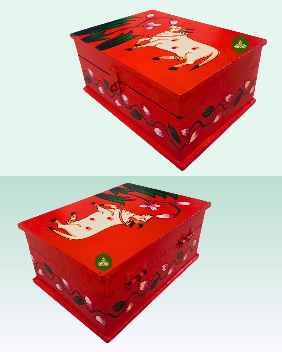 Hand Painted Single Cow Lotus Pichwai Art Wooden Orange Color Storage Box