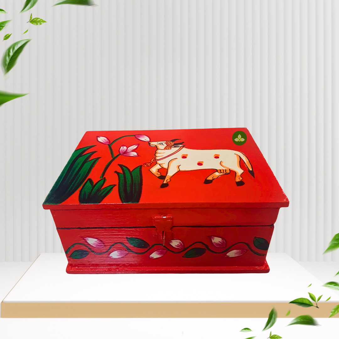 Hand Painted Single Cow Lotus Pichwai Art Wooden Orange Color Storage Box