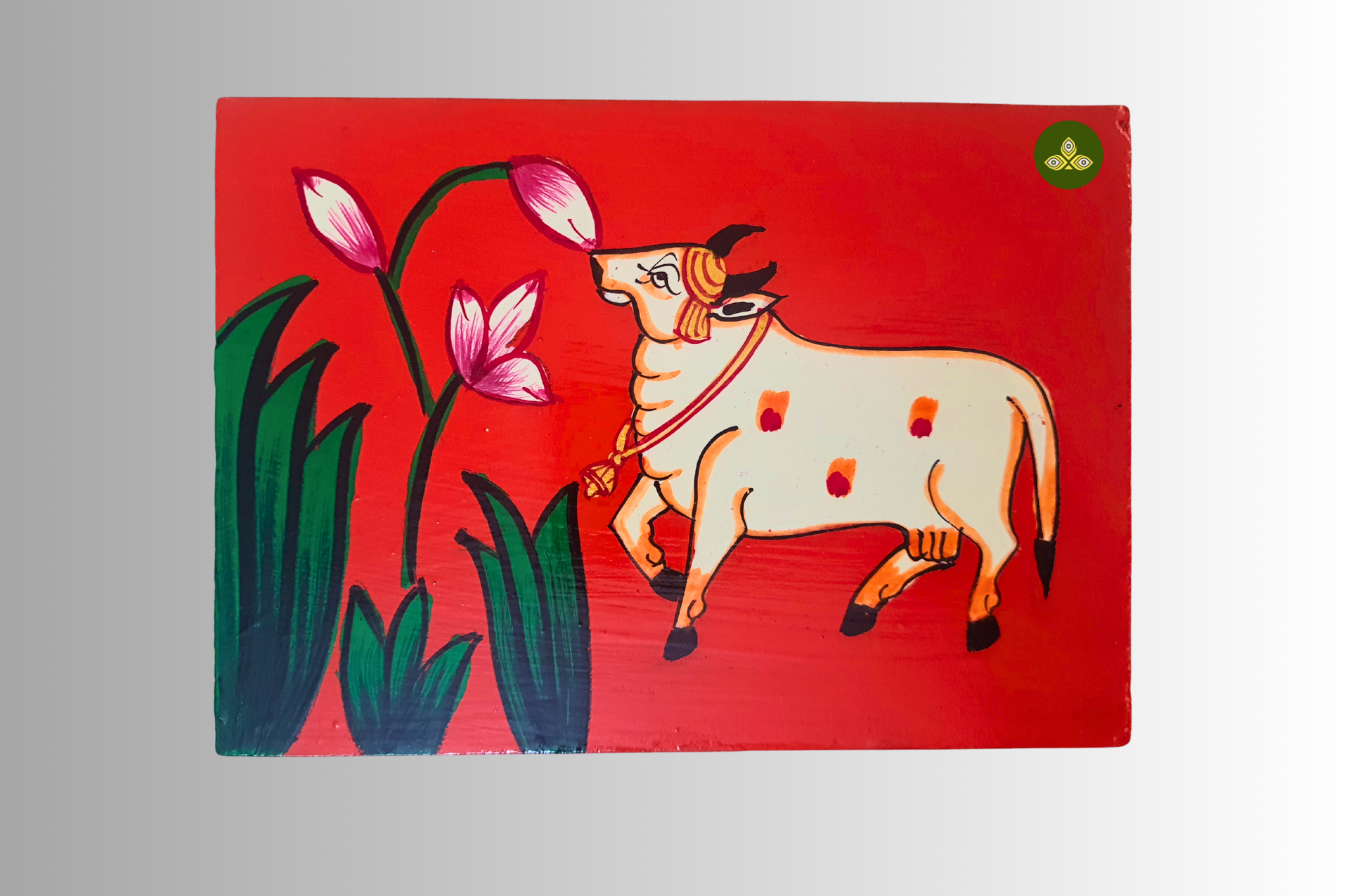 Hand Painted Single Cow Lotus Pichwai Art Wooden Orange Color Storage Box
