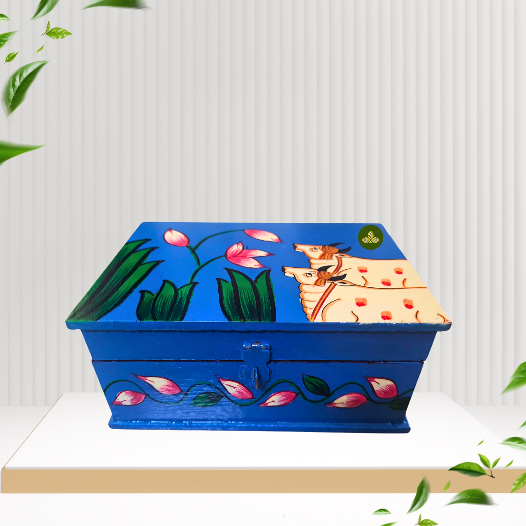 Hand Painted Two Cow Lotus Pichwai Art Blue Grey Color Storage Box
