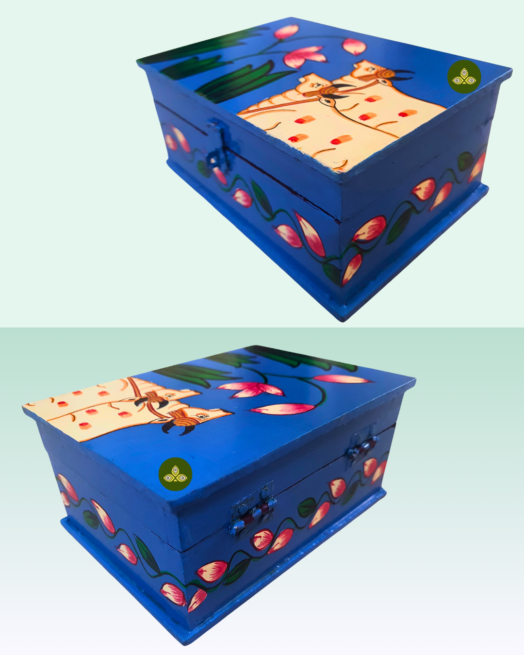 Hand Painted Two Cow Lotus Pichwai Art Blue Grey Color Storage Box