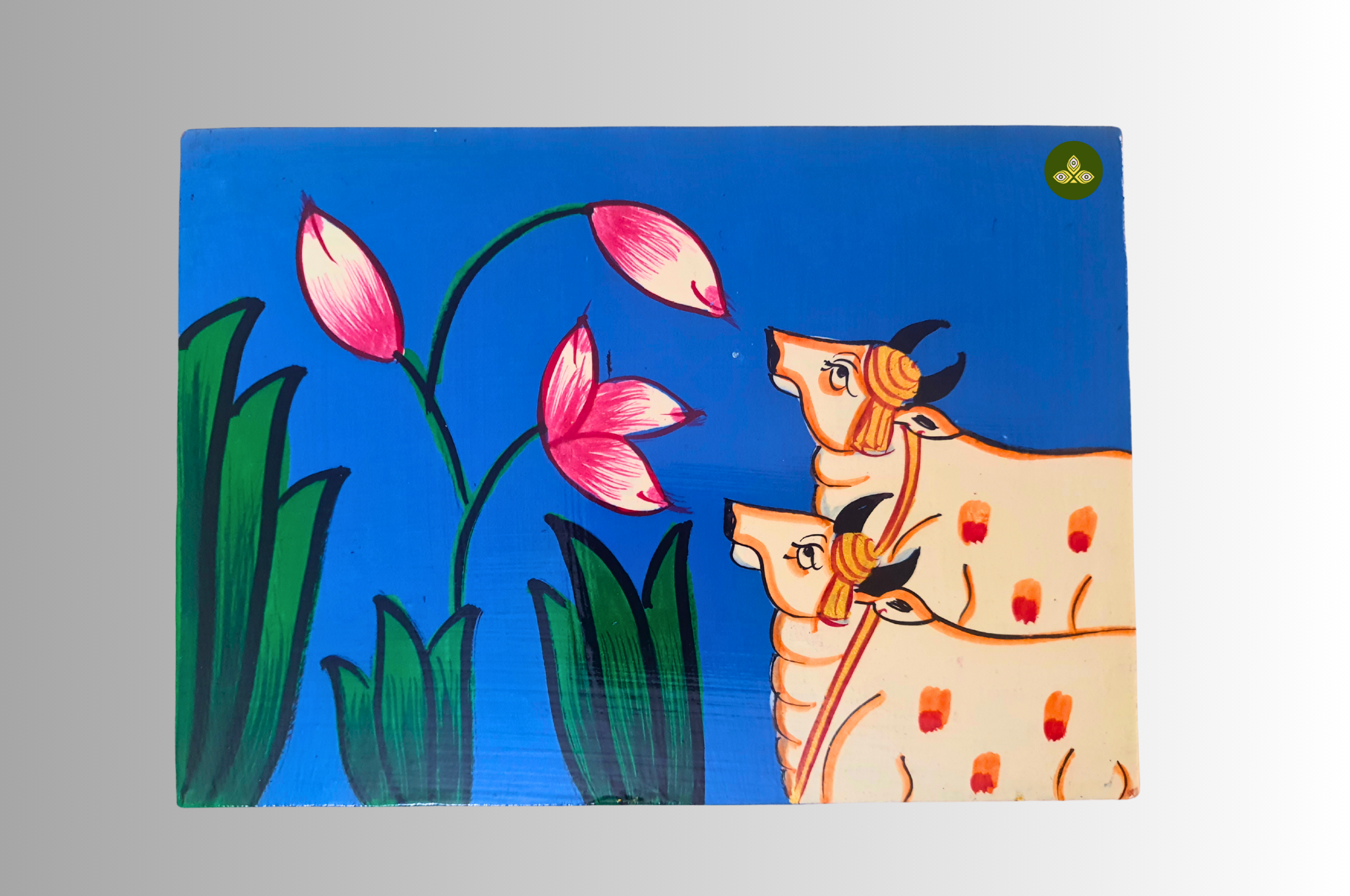 Hand Painted Two Cow Lotus Pichwai Art Blue Grey Color Storage Box