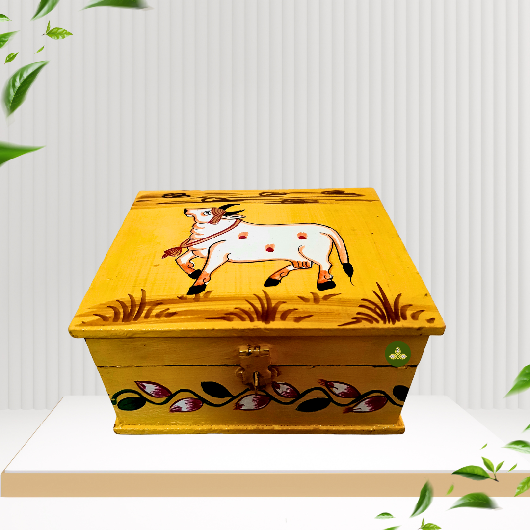 Hand Painted Single Cow Pichwai Art Wooden Yellow Color Storage Box