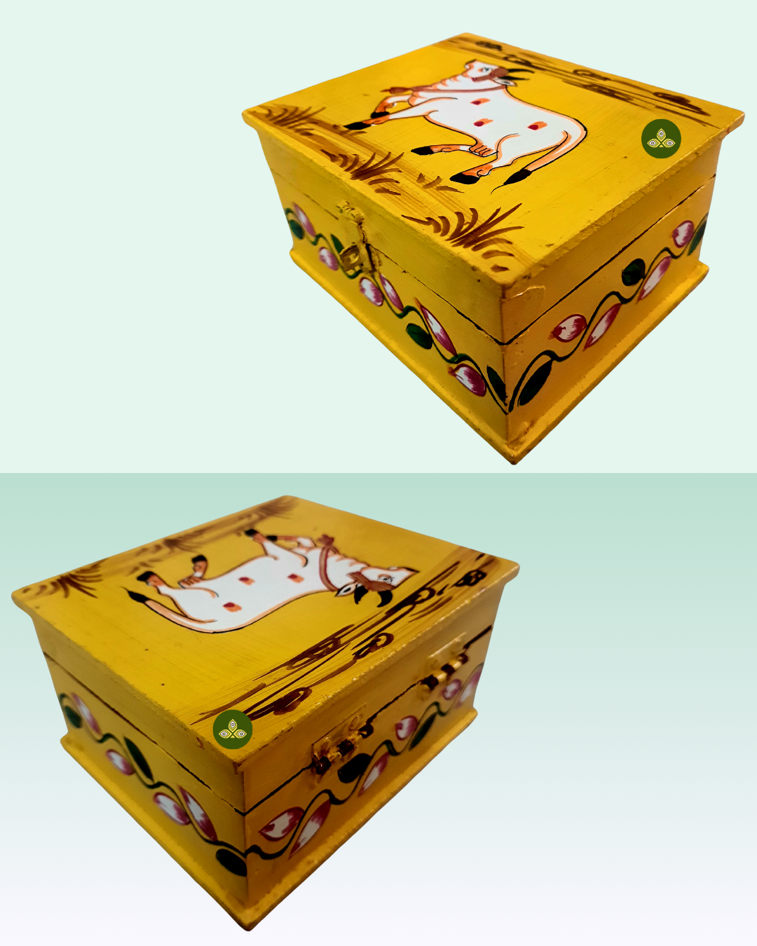 Hand Painted Single Cow Pichwai Art Wooden Yellow Color Storage Box