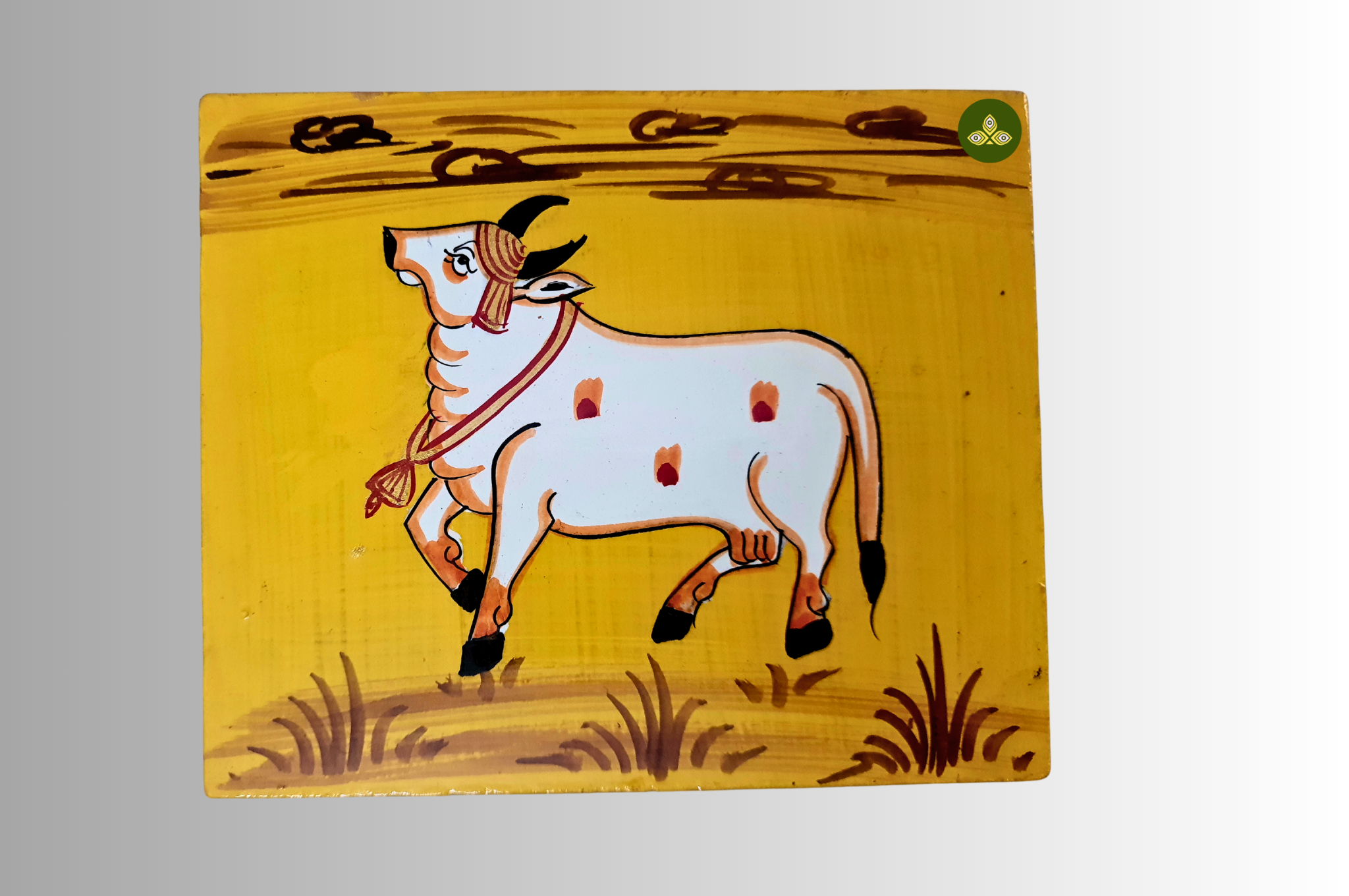 Hand Painted Single Cow Pichwai Art Wooden Yellow Color Storage Box