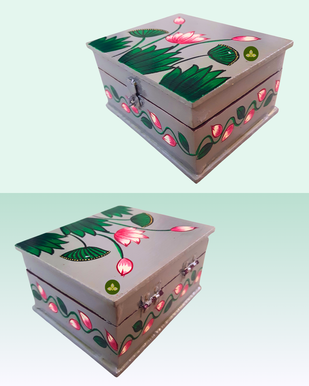 Hand Painted Lotus Pichwai Art Wooden Grey Color Storage Box