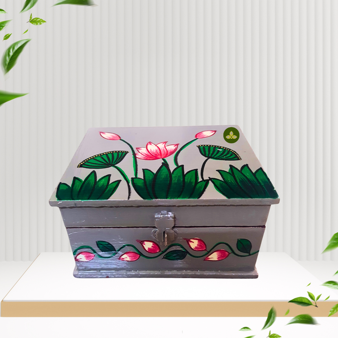Hand Painted Lotus Pichwai Art Wooden Grey Color Storage Box
