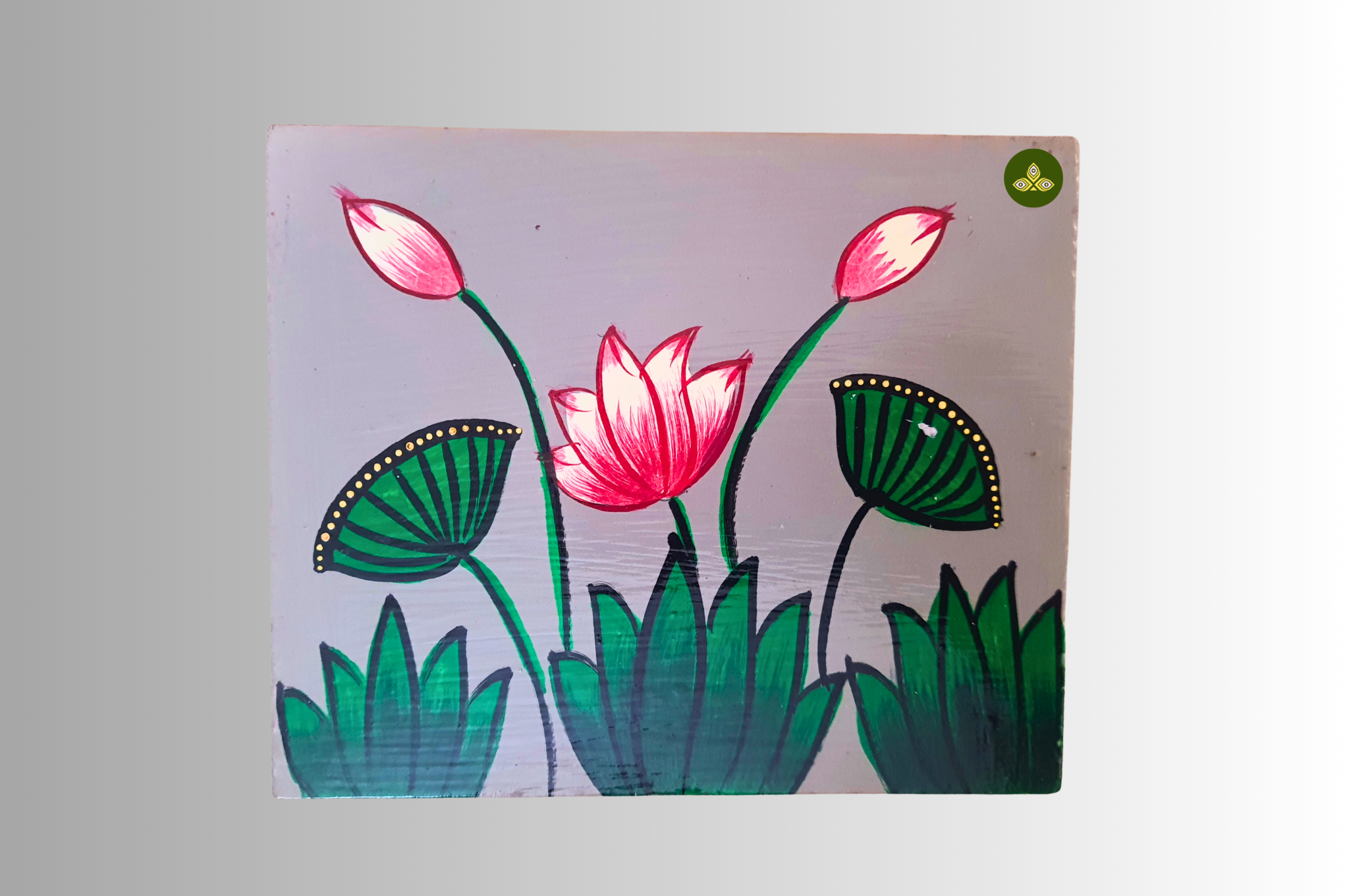 Hand Painted Lotus Pichwai Art Wooden Grey Color Storage Box